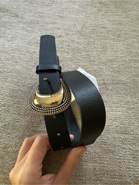 Zara Black Leather Belt with Gold Decorative Buckle